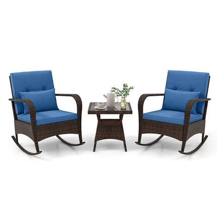 3 Pieces Outdoor Rocking Set with Tempered Glass Coffee Table for Backyard Poolside-Navy - Navy - Patio Furniture Sets
