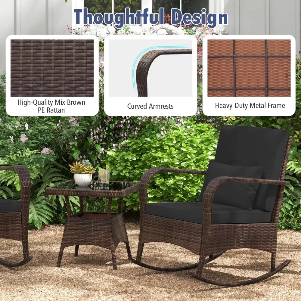 3 Pieces Outdoor Rocking Set with Tempered Glass Coffee Table for Backyard Poolside-Black - Black - Patio Furniture Sets