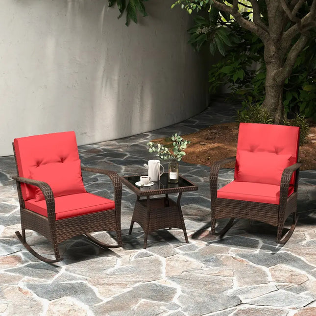 3 Pieces Outdoor Rocking Set with Tempered Glass Coffee Table for Backyard Poolside-Red - Red - Patio Furniture Sets