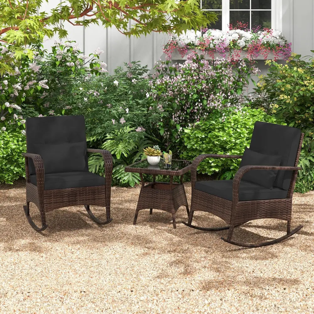 3 Pieces Outdoor Rocking Set with Tempered Glass Coffee Table for Backyard Poolside-Black - Black - Patio Furniture Sets