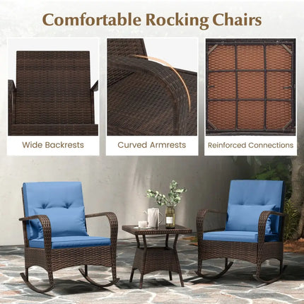 3 Pieces Outdoor Rocking Set with Tempered Glass Coffee Table for Backyard Poolside-Navy - Navy - Patio Furniture Sets