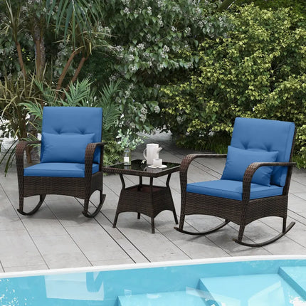 3 Pieces Outdoor Rocking Set with Tempered Glass Coffee Table for Backyard Poolside-Navy - Navy - Patio Furniture Sets