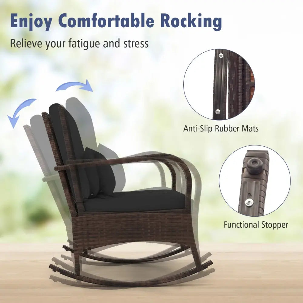 3 Pieces Outdoor Rocking Set with Tempered Glass Coffee Table for Backyard Poolside-Black - Black - Patio Furniture Sets