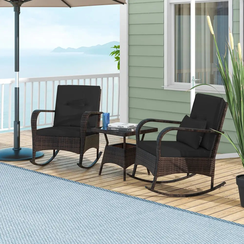 3 Pieces Outdoor Rocking Set with Tempered Glass Coffee Table for Backyard Poolside-Black - Black - Patio Furniture Sets