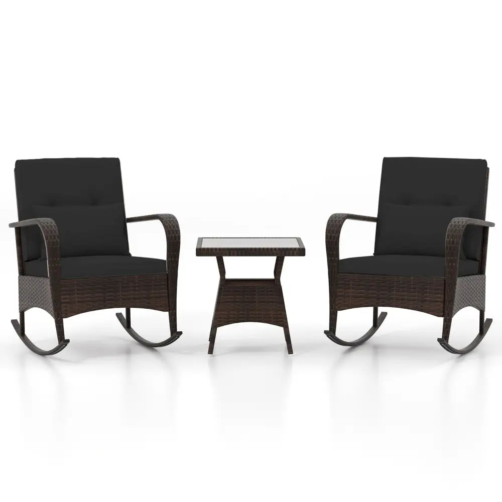 3 Pieces Outdoor Rocking Set with Tempered Glass Coffee Table for Backyard Poolside-Black - Black - Patio Furniture Sets