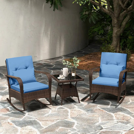 3 Pieces Outdoor Rocking Set with Tempered Glass Coffee Table for Backyard Poolside-Navy - Navy - Patio Furniture Sets