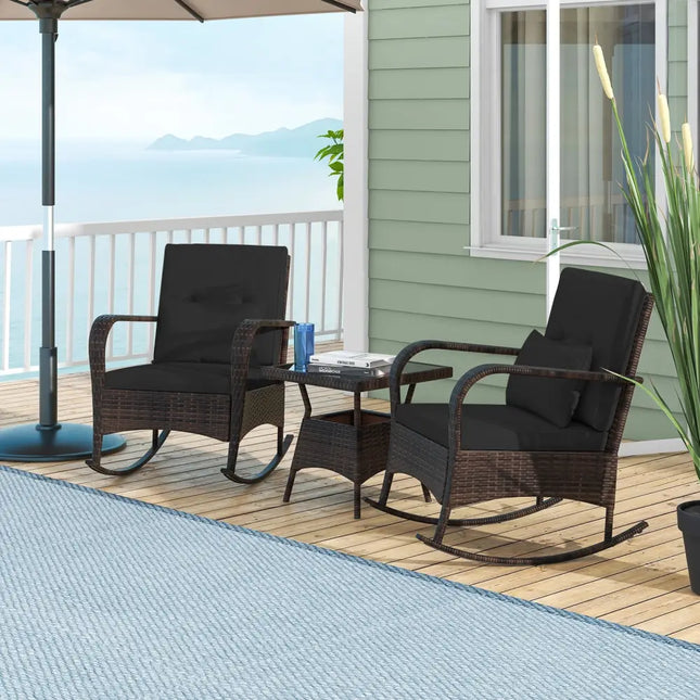 3 Pieces Outdoor Rocking Set with Tempered Glass Coffee Table for Backyard Poolside-Black - Black - Patio Furniture Sets