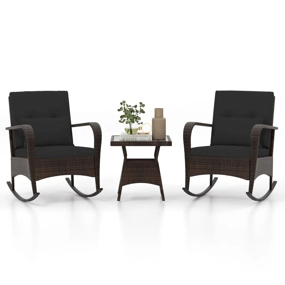 3 Pieces Outdoor Rocking Set with Tempered Glass Coffee Table for Backyard Poolside-Black - Black - Patio Furniture Sets
