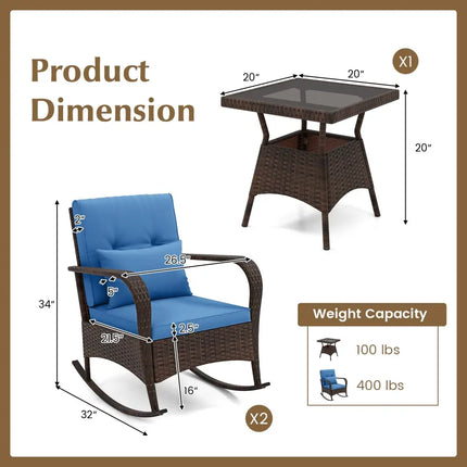3 Pieces Outdoor Rocking Set with Tempered Glass Coffee Table for Backyard Poolside-Navy - Navy - Patio Furniture Sets