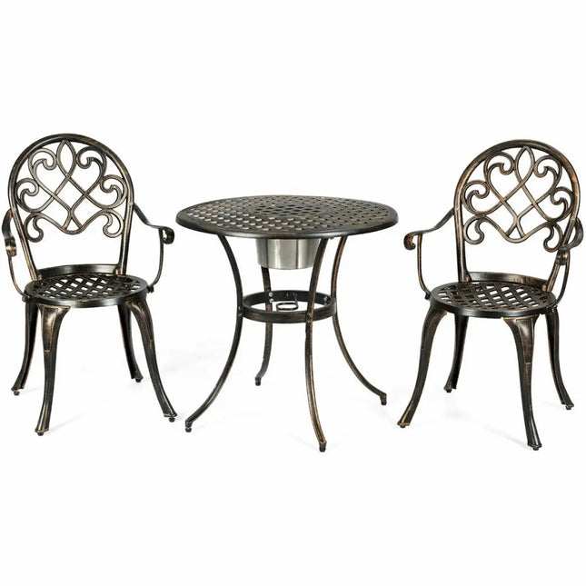 3 Pieces Outdoor Set Patio Bistro with Attached Removable Ice Bucket - Bronze - Patio Conversation Sets