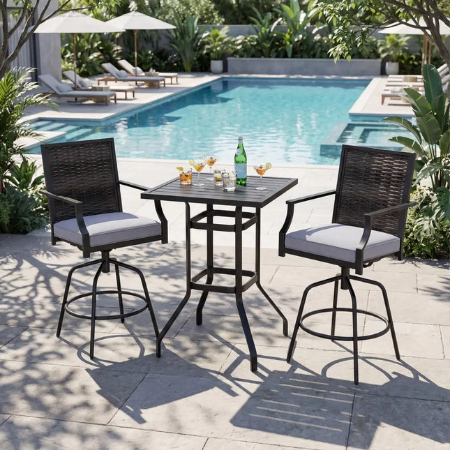 3 Pieces Outdoor Swivel Bar Set High Top Patio Bar Table and Rattan Wicker Chairs - Patio Conversation Sets