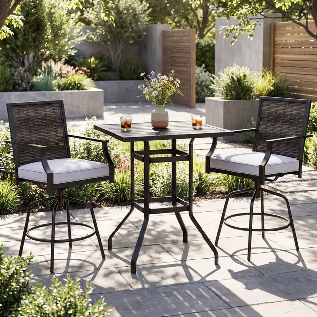 3 Pieces Outdoor Swivel Bar Set High Top Patio Bar Table and Rattan Wicker Chairs - Patio Conversation Sets