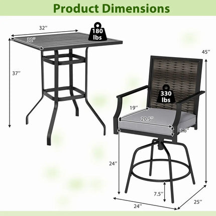 3 Pieces Outdoor Swivel Bar Set High Top Patio Bar Table and Rattan Wicker Chairs - Patio Conversation Sets