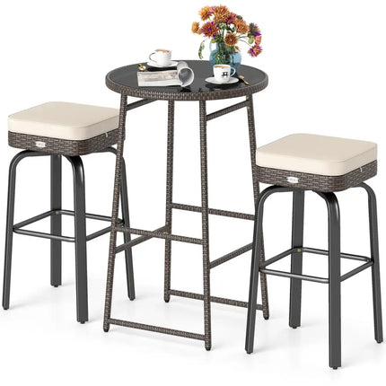 3 Pieces Outdoor Swivel Bar Set PE Rattan Bar Height Table with 2 Chairs-White - White - Patio Bar Furniture