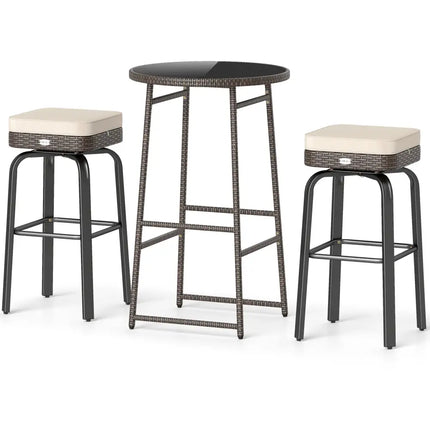 3 Pieces Outdoor Swivel Bar Set PE Rattan Bar Height Table with 2 Chairs-White - White - Patio Bar Furniture