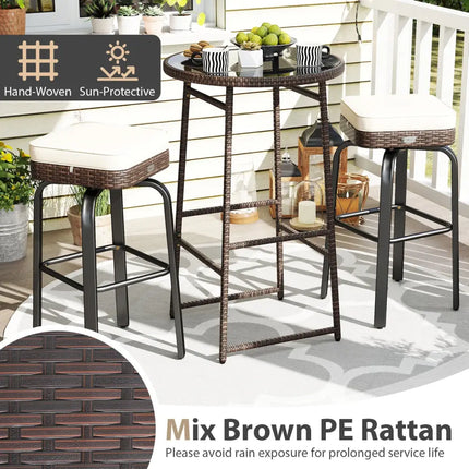 3 Pieces Outdoor Swivel Bar Set PE Rattan Bar Height Table with 2 Chairs-White - White - Patio Bar Furniture