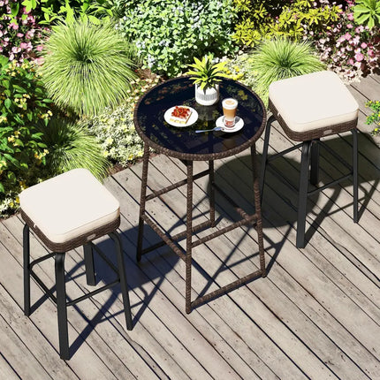 3 Pieces Outdoor Swivel Bar Set PE Rattan Bar Height Table with 2 Chairs-White - White - Patio Bar Furniture