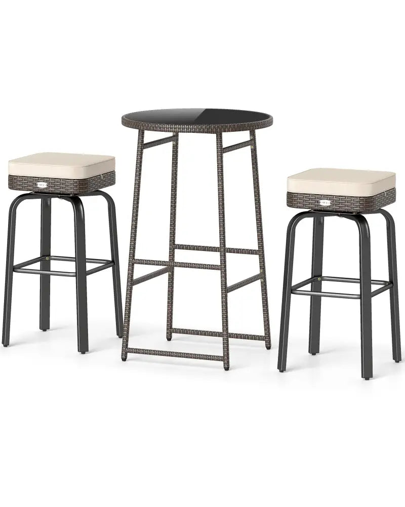 3 Pieces Outdoor Swivel Bar Set PE Rattan Bar Height Table with 2 Chairs-White - White - Patio Bar Furniture
