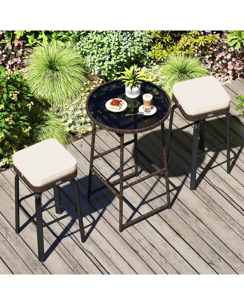 3 Pieces Outdoor Swivel Bar Set PE Rattan Bar Height Table with 2 Chairs-White - White - Patio Bar Furniture