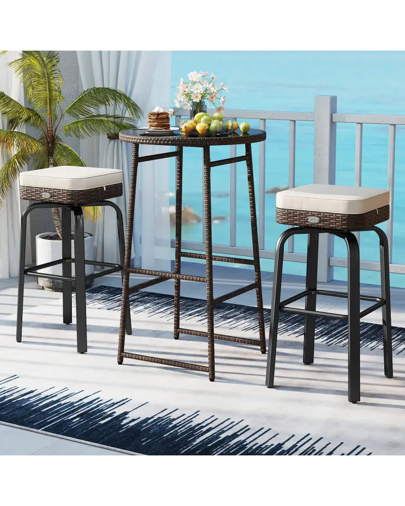 3 Pieces Outdoor Swivel Bar Set PE Rattan Bar Height Table with 2 Chairs-White - White - Patio Bar Furniture