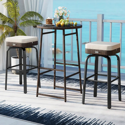 3 Pieces Outdoor Swivel Bar Set PE Rattan Bar Height Table with 2 Chairs-White - White - Patio Bar Furniture