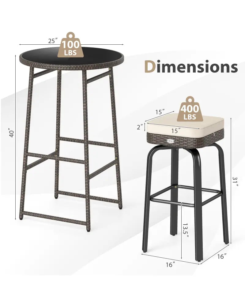 3 Pieces Outdoor Swivel Bar Set PE Rattan Bar Height Table with 2 Chairs-White - White - Patio Bar Furniture