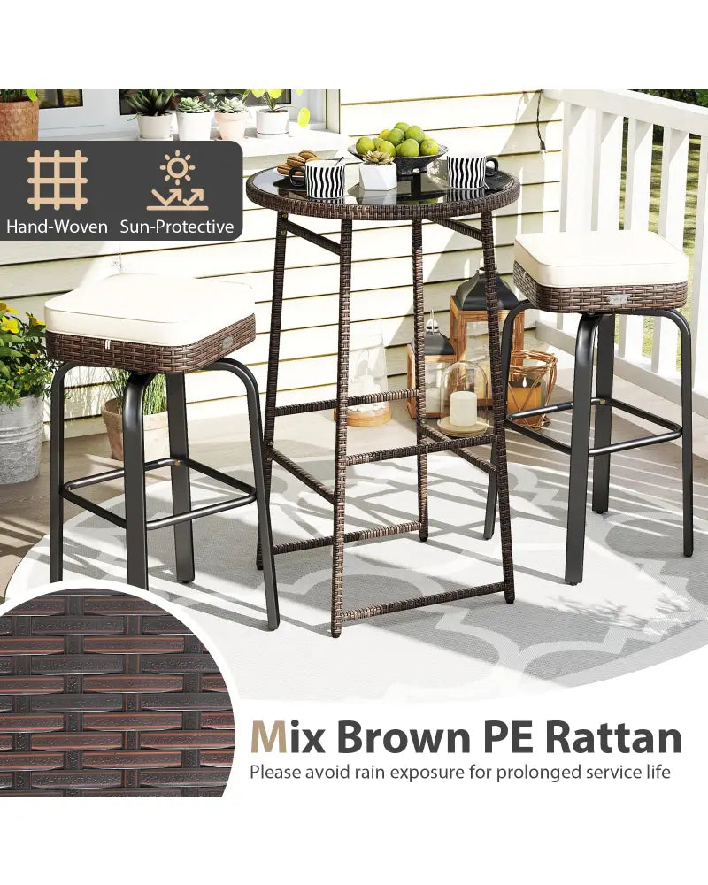 3 Pieces Outdoor Swivel Bar Set PE Rattan Bar Height Table with 2 Chairs-White - White - Patio Bar Furniture