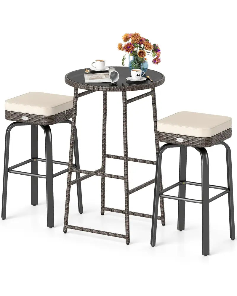 3 Pieces Outdoor Swivel Bar Set PE Rattan Bar Height Table with 2 Chairs-White - White - Patio Bar Furniture