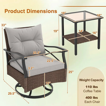 3 Pieces Outdoor Swivel Rocking Chairs Set with 2-Tier Tempered Glass Side Table-Brown - Brown - Patio Conversation Sets