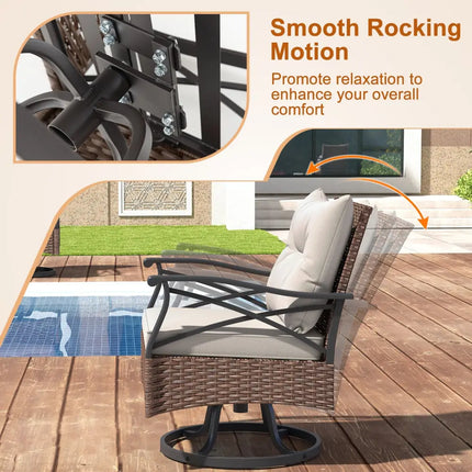 3 Pieces Outdoor Swivel Rocking Chairs Set with 2-Tier Tempered Glass Side Table-Brown - Brown - Patio Conversation Sets