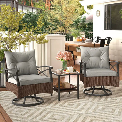 3 Pieces Outdoor Swivel Rocking Chairs Set with 2-Tier Tempered Glass Side Table-Brown - Brown - Patio Conversation Sets