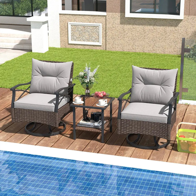 3 Pieces Outdoor Swivel Rocking Chairs Set with 2-Tier Tempered Glass Side Table-Brown - Brown - Patio Conversation Sets