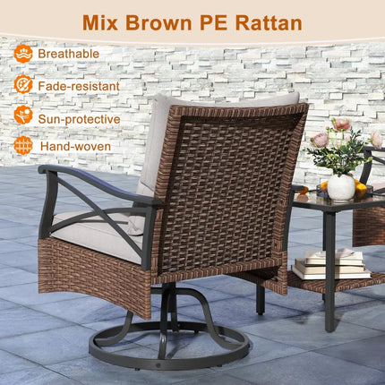 3 Pieces Outdoor Swivel Rocking Chairs Set with 2-Tier Tempered Glass Side Table-Brown - Brown - Patio Conversation Sets