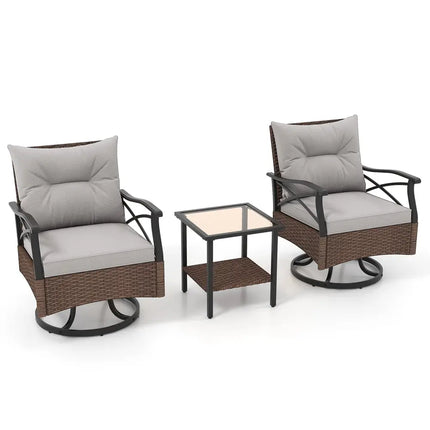 3 Pieces Outdoor Swivel Rocking Chairs Set with 2-Tier Tempered Glass Side Table-Brown - Brown - Patio Conversation Sets