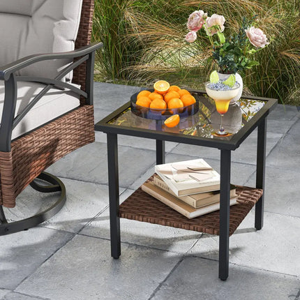 3 Pieces Outdoor Swivel Rocking Chairs Set with 2-Tier Tempered Glass Side Table-Brown - Brown - Patio Conversation Sets