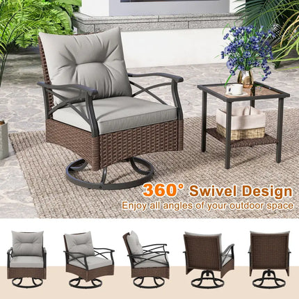3 Pieces Outdoor Swivel Rocking Chairs Set with 2-Tier Tempered Glass Side Table-Brown - Brown - Patio Conversation Sets