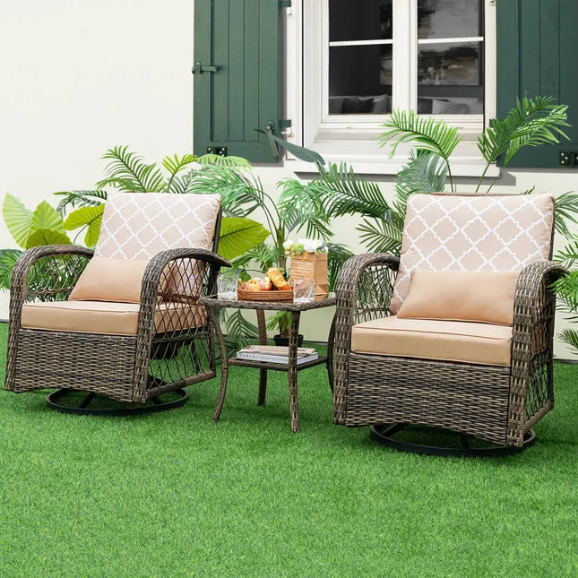 3 Pieces Outdoor Wicker Conversation Set with Tempered Glass Coffee Table-Beige - Beige - Patio Conversation Sets