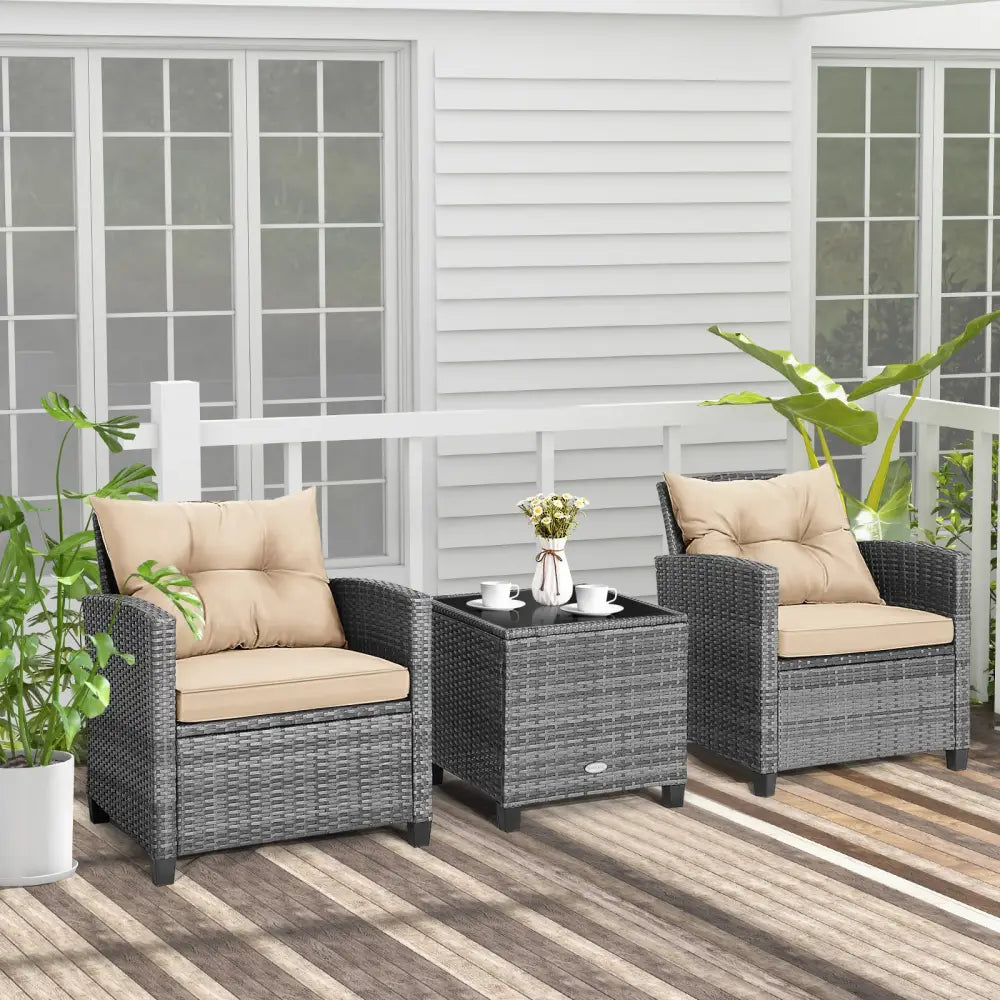 3 Pieces Outdoor Wicker Conversation Set with Tempered Glass Tabletop-Beige - Beige - Patio Conversation Sets