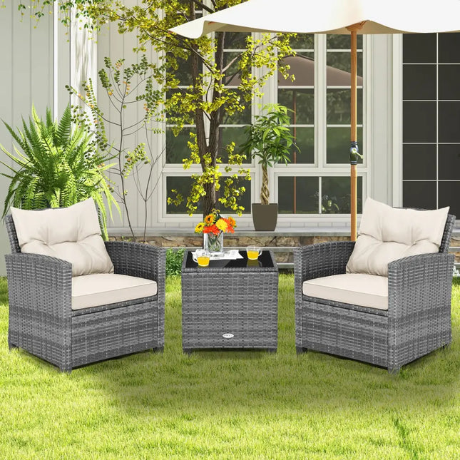 3 Pieces Outdoor Wicker Conversation Set with Tempered Glass Tabletop-White - White - Patio Conversation Sets
