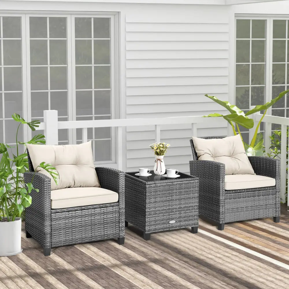 3 Pieces Outdoor Wicker Conversation Set with Tempered Glass Tabletop-White - White - Patio Conversation Sets