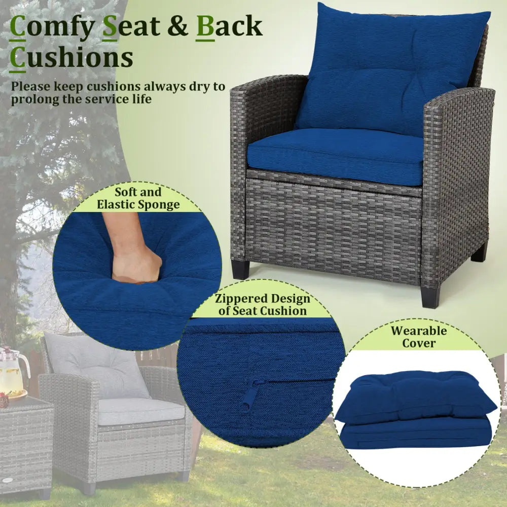3 Pieces Outdoor Wicker Conversation Set with Tempered Glass Tabletop-Navy - Navy - Patio Conversation Sets
