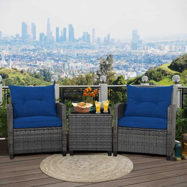 3 Pieces Outdoor Wicker Conversation Set with Tempered Glass Tabletop-Navy - Navy - Patio Conversation Sets