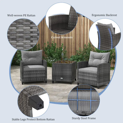 3 Pieces Outdoor Wicker Conversation Set with Tempered Glass Tabletop-Gray - Gray - Patio Conversation Sets