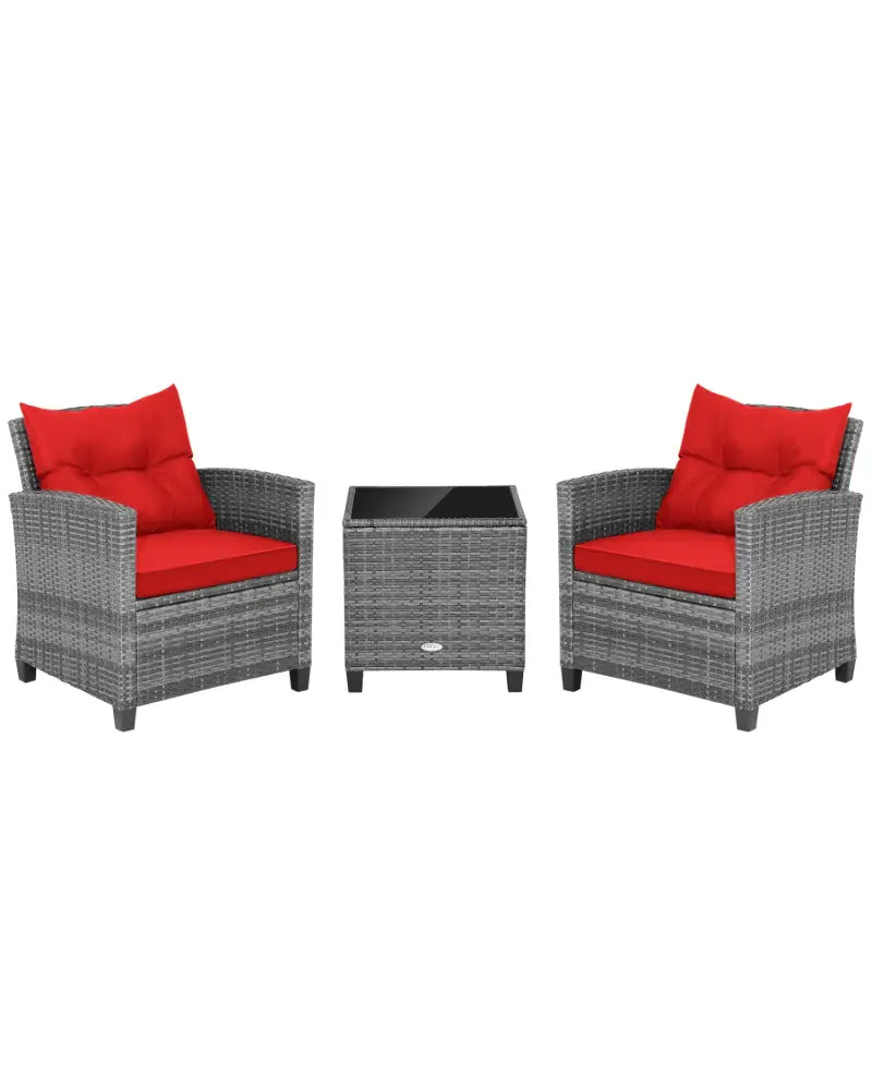 3 Pieces Outdoor Wicker Conversation Set with Tempered Glass Tabletop-Red - Red - Patio Conversation Sets