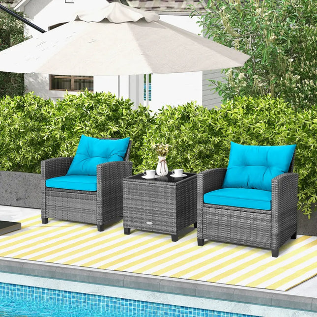 3 Pieces Outdoor Wicker Conversation Set with Tempered Glass Tabletop-Turquoise - Turquoise - Patio Conversation Sets
