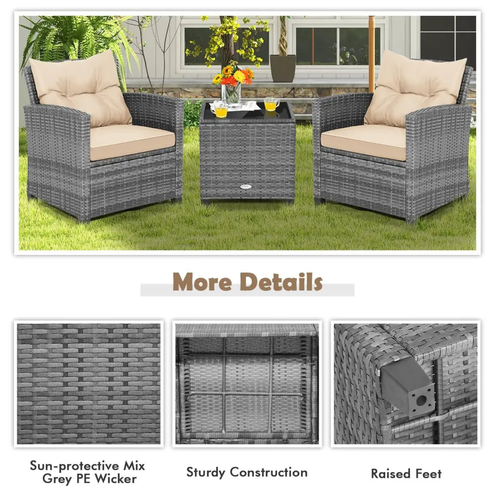 3 Pieces Outdoor Wicker Conversation Set with Tempered Glass Tabletop-Beige - Beige - Patio Conversation Sets