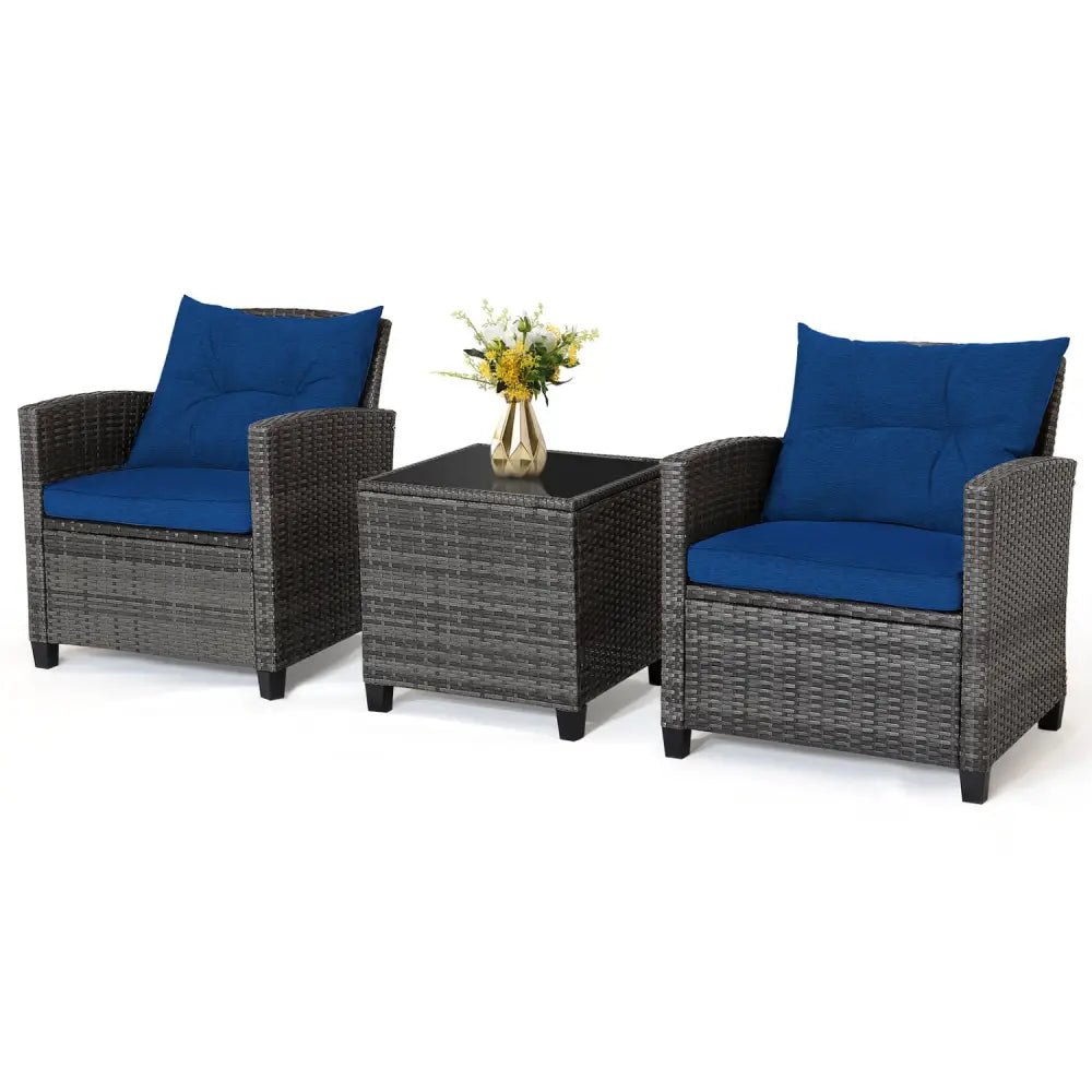 3 Pieces Outdoor Wicker Conversation Set with Tempered Glass Tabletop-Navy - Navy - Patio Conversation Sets