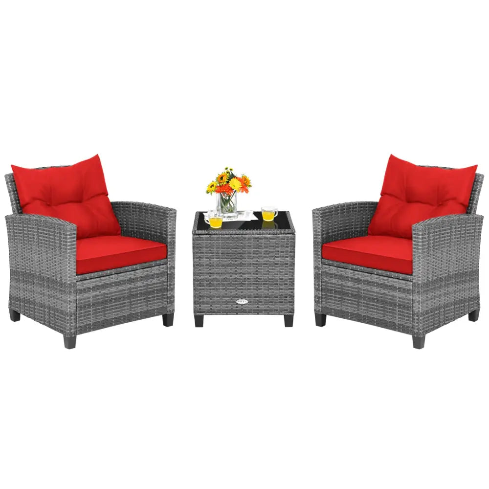 3 Pieces Outdoor Wicker Conversation Set with Tempered Glass Tabletop-Red - Red - Patio Conversation Sets