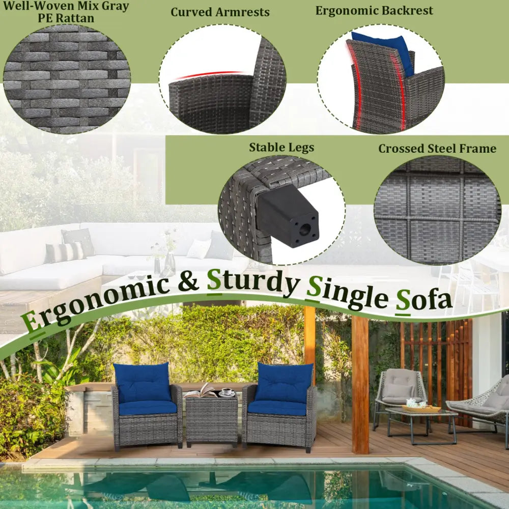 3 Pieces Outdoor Wicker Conversation Set with Tempered Glass Tabletop-Navy - Navy - Patio Conversation Sets