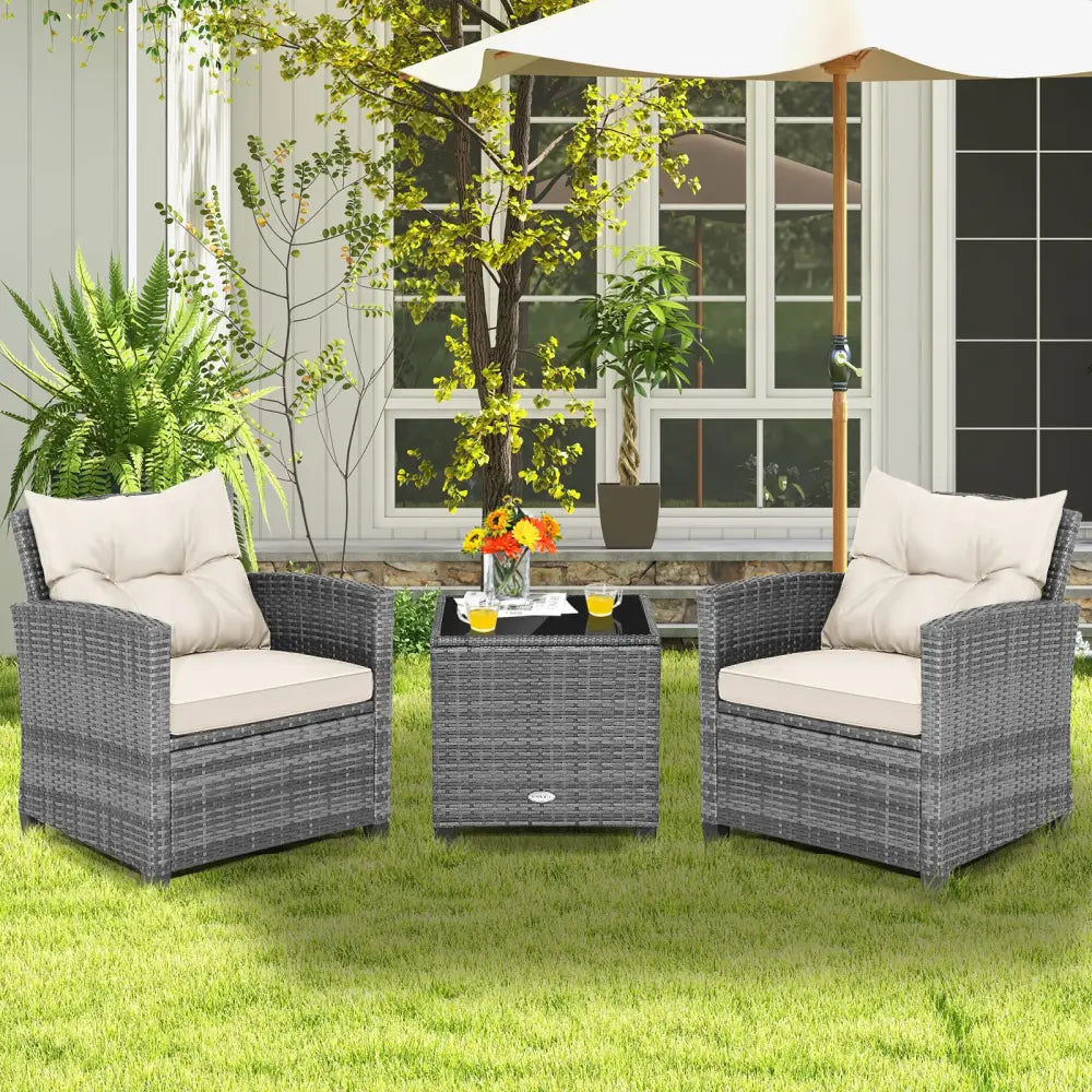 3 Pieces Outdoor Wicker Conversation Set with Tempered Glass Tabletop-White - White - Patio Conversation Sets